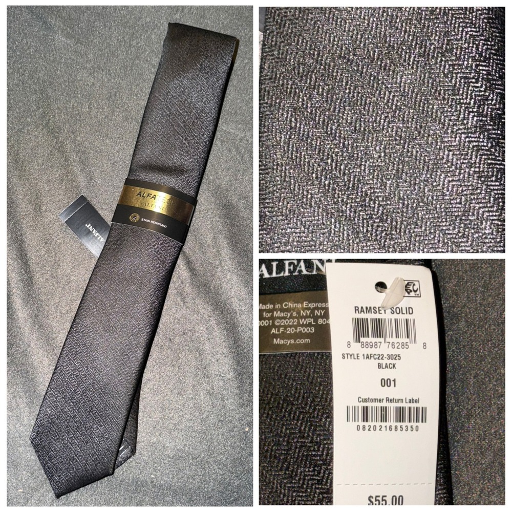 Alfani AlfaTech Ramsey Solid Black Herringbone Stain Resistant Mens Necktie NEW